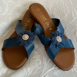 🩷 ITALIAN SHOEMAKERS MADE IN ITALY SIZE 10 NAVY & TAN LEATHER SANDALS GREAT 😊